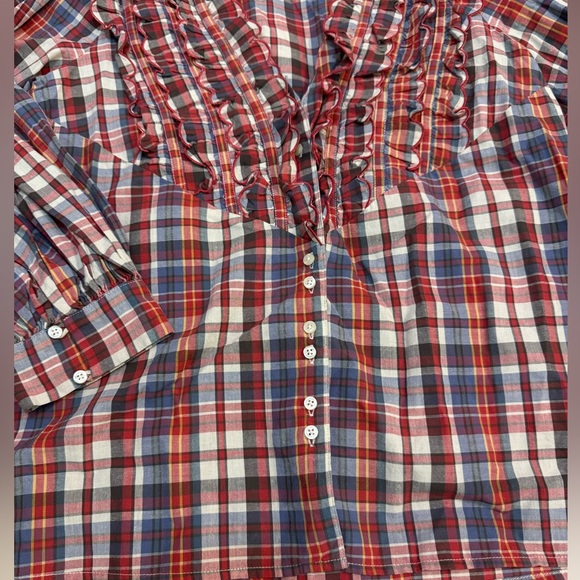 THE GREAT. Ruffle Plaid Button Down Blouse - Picture 4 of 8